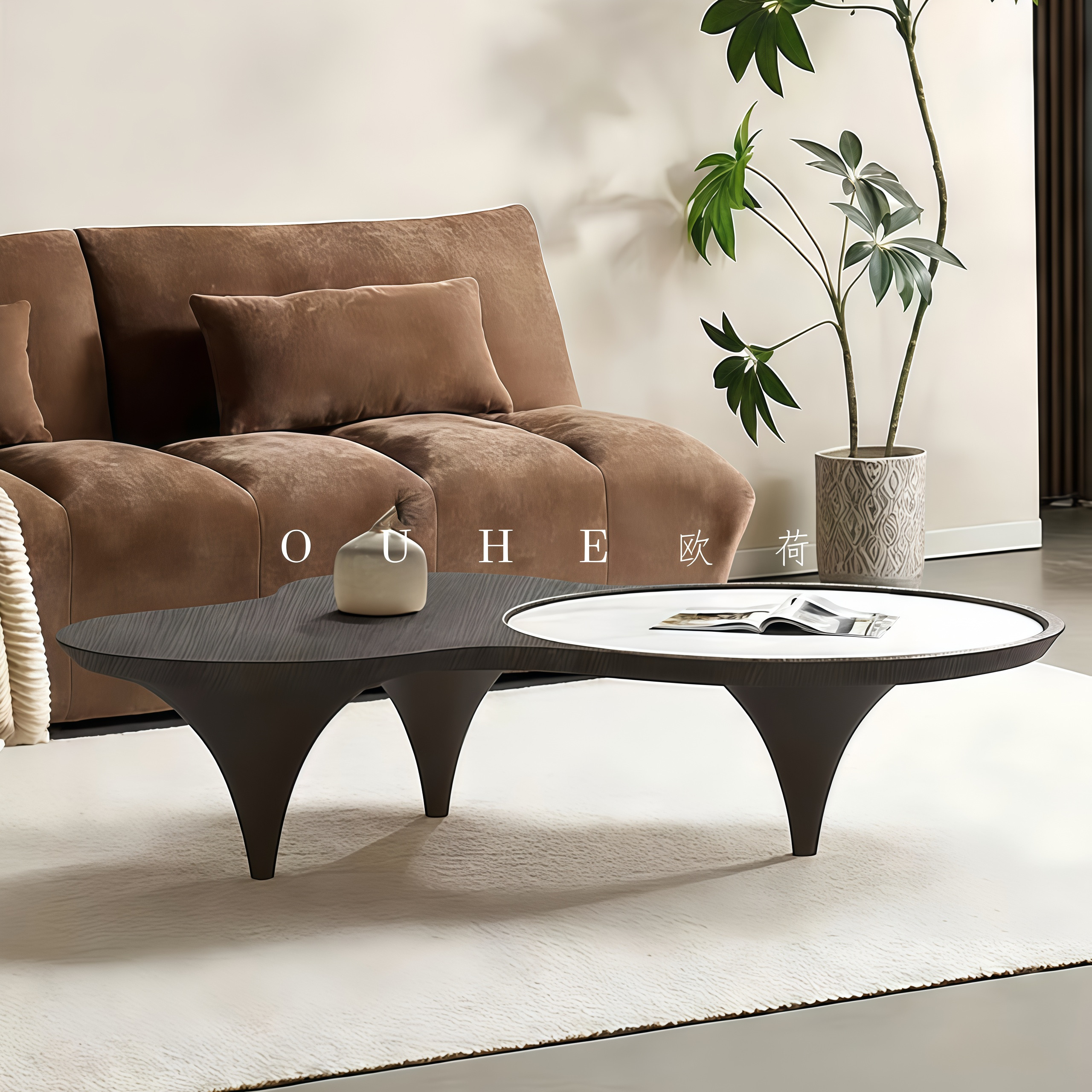 意式极简天然洞石异形茶几实木客厅轻奢创意设计师茶桌微晶石环保