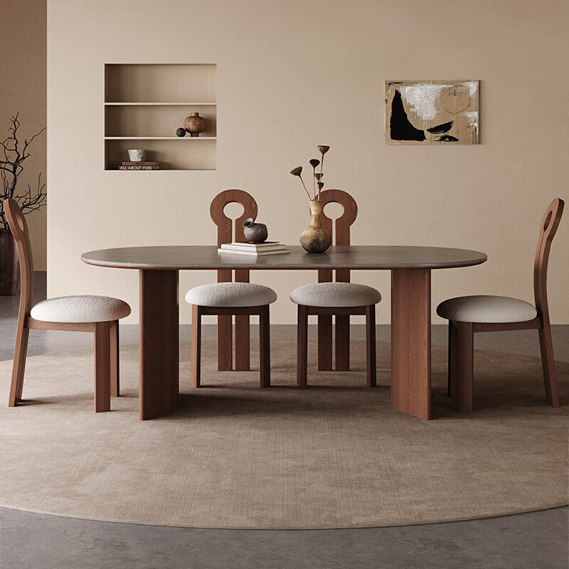 复古风实木岩板长方形餐桌