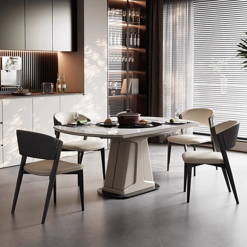 轻奢伸缩岩板餐桌椅组合方圆两用多功能带电磁炉大小户型家用餐桌