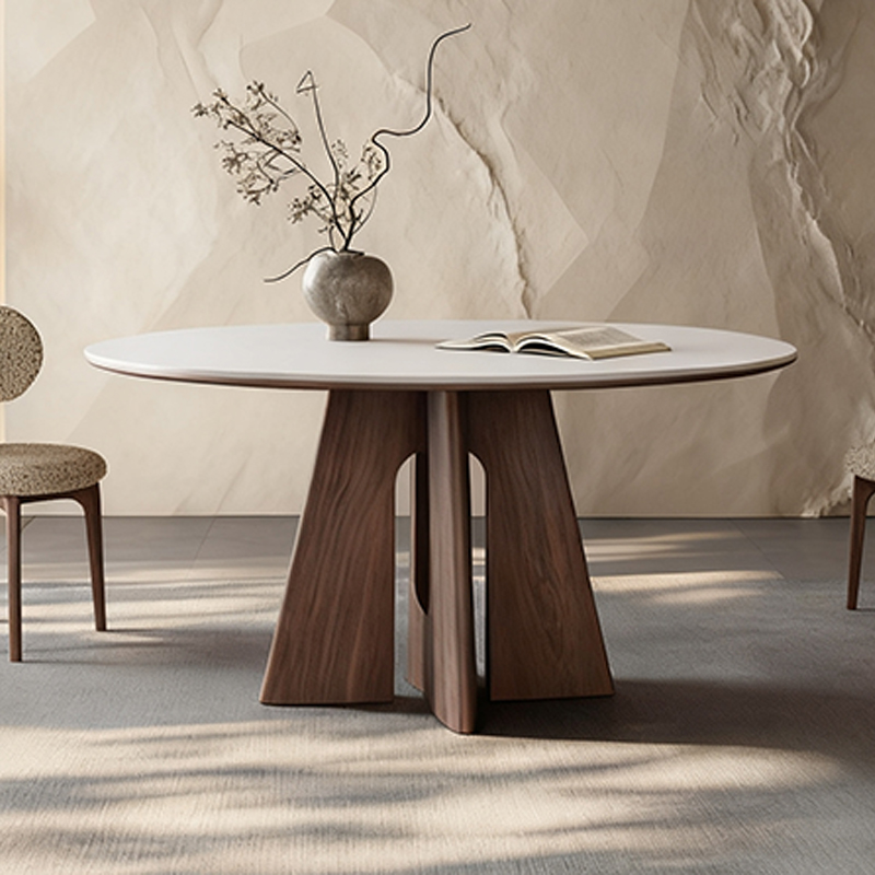 意式极简白岩板圆桌木纹三角底座