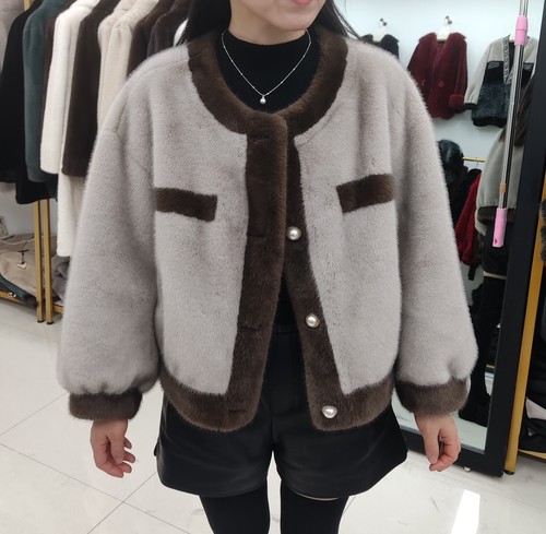 加厚仿水貂绒外套女短款圆领拼色小香风皮毛一体环保毛毛皮草上衣