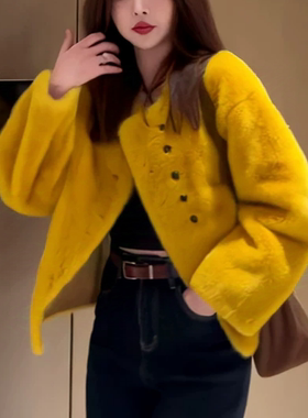 万恩新款仿水貂皮毛一体皮草外套女短款环保皮草毛毛年轻时尚