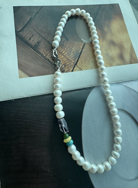 兮兰 天然淡水珍珠馒头圆强白光项链紫水晶蜜蜡绿松配饰