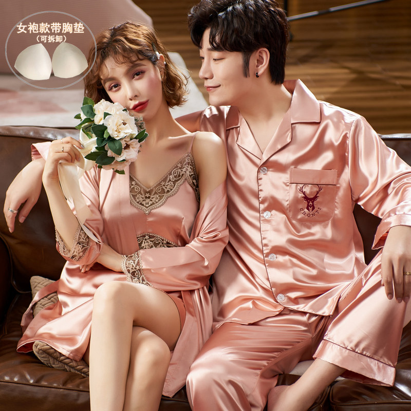 SILK COUPLE PAJAMAS WOMENS SPRING AND AUTUMN ICE SILK PAJAMAS MENS SUMMER MARRIAGE RED INTERNET CELEBRITY SEXY SUIT LOUNGEWEAR