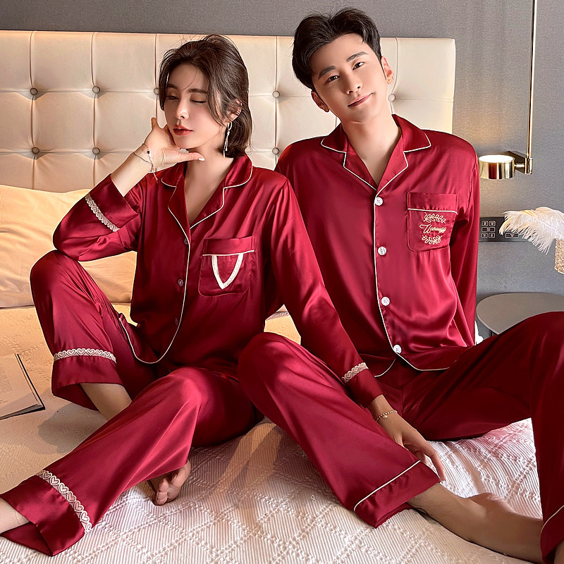 SILK COUPLE PAJAMAS WOMENS SPRING AND AUTUMN ICE SILK PAJAMAS MENS SUMMER MARRIAGE RED INTERNET CELEBRITY SEXY SUIT LOUNGEWEAR