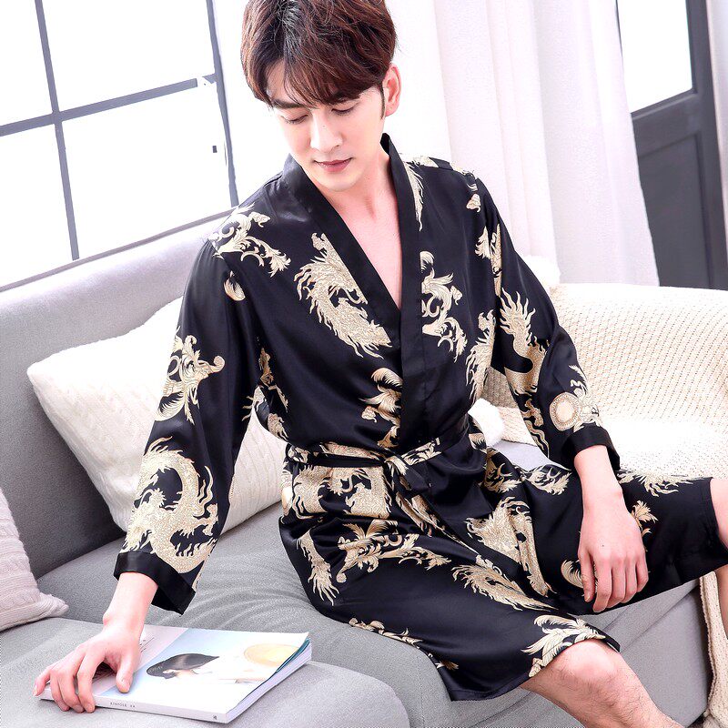 丝绸睡袍男性感夏天薄款睡衣女睡裙冰丝质春秋浴袍情侣家居服浴衣