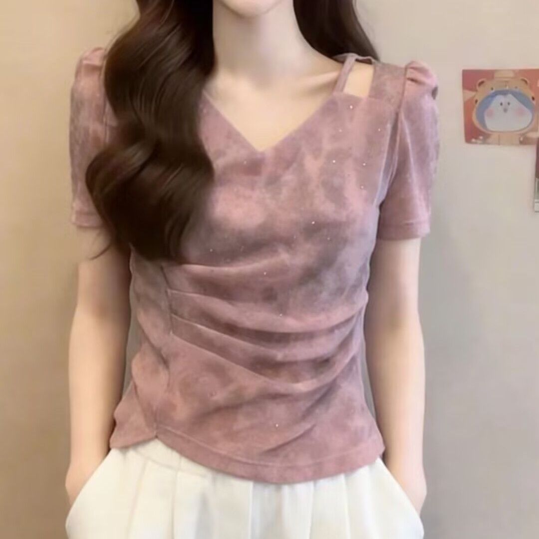 大码慵懒风蕾丝V领短袖t恤女夏季新款修身显瘦收腰时尚百搭上衣女