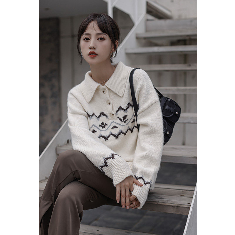 2021年秋冬套头毛衣女慵懒风软糯宽松外穿复古polo翻领针织衫上衣