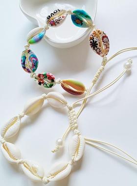 波西米亚天然贝壳编织手链蜡线手工编织彩绘DIY贝壳手串珍珠手镯