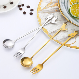 ins简约304不锈钢搅拌勺咖啡勺卡通小猫勺创意小勺子可爱水果叉