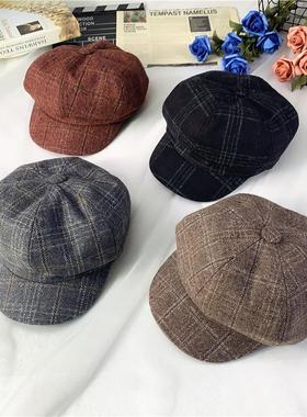 亲子帽秋冬新款贝雷帽英伦风复古格子八角帽儿童画家帽男童女宝宝
