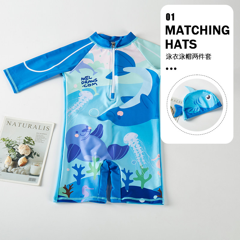 2024新款儿童连体泳衣中小童男童长袖泳装卡通可爱防晒透气冲浪服