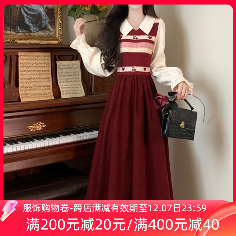 复古红樱桃爱心甜美减龄针织连衣裙秋冬大码假两件拼接设计感长裙