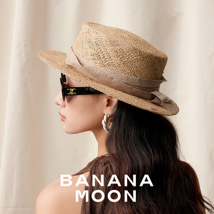 Banana moon文艺度假风_天然手编草编平顶帽_手作植物染亚麻草帽