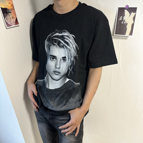 贾斯汀比伯Justin Bieber同款演唱会人像欧美复古做旧T恤印花短袖