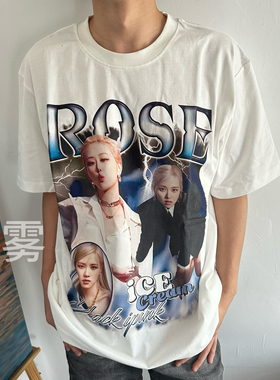 vtg蓝色朴彩英Rose图案白墨直喷印花240g圆领短袖T恤高街美式休闲