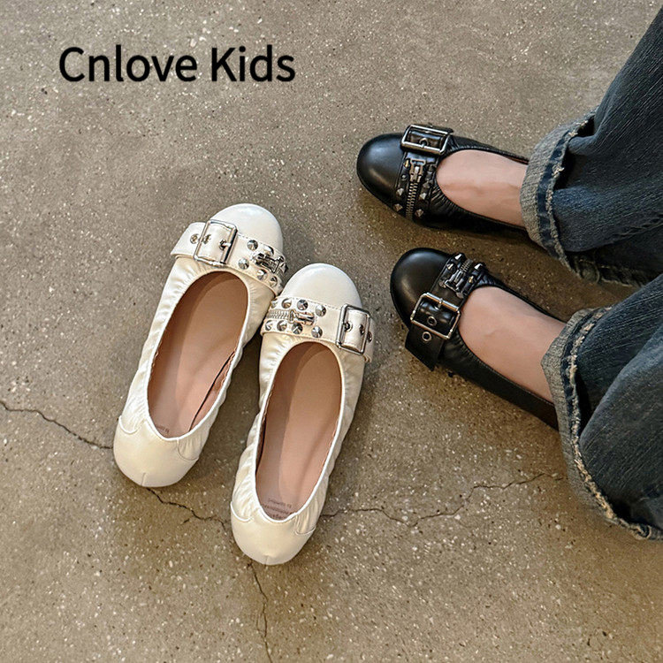 Cnlove Kids女鞋真皮铆钉皮带扣蛋卷鞋法式平底摇摇单鞋芭蕾舞鞋