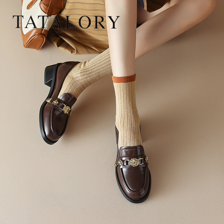 TATALORY女鞋粗跟金属扣乐福鞋法式气质时尚一脚蹬英伦风2024春,女鞋,乐福鞋（豆豆鞋）,淘宝优惠券,粉丝福利购,淘宝优惠卷