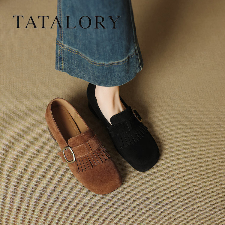 TATALORY女鞋春秋新款绒面流苏勃肯鞋女复古粗中跟深口乐福鞋单鞋
