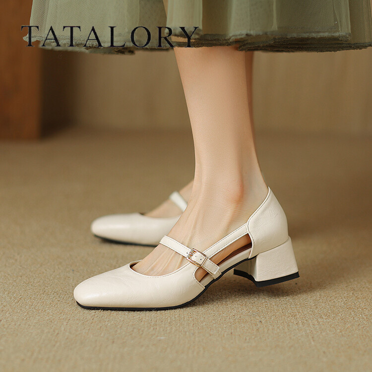 TATALORY法式粗跟方头玛丽珍凉鞋