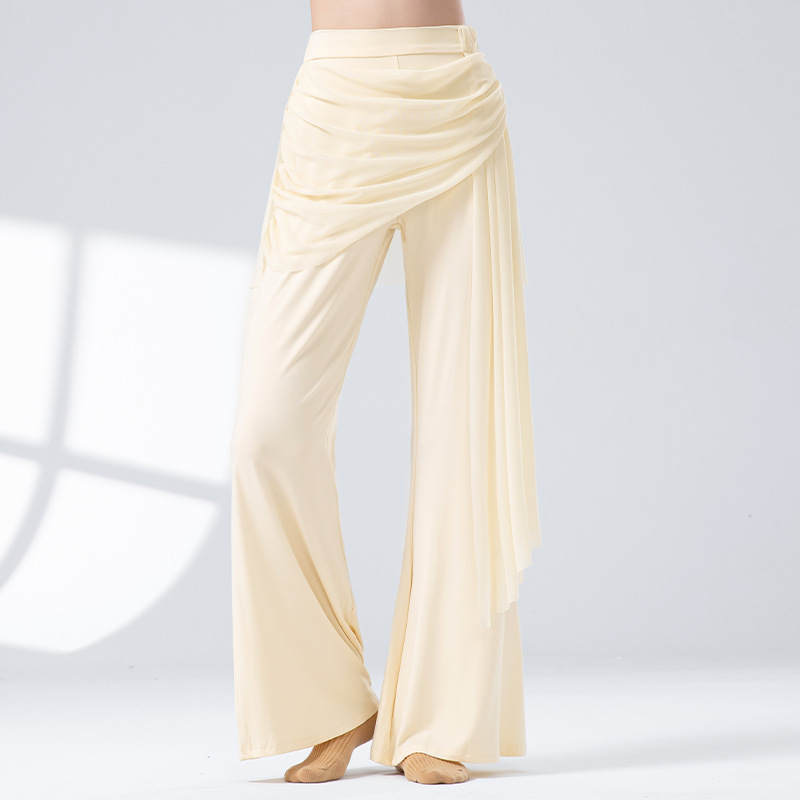 莫代尔拼网纱飘片喇叭裤