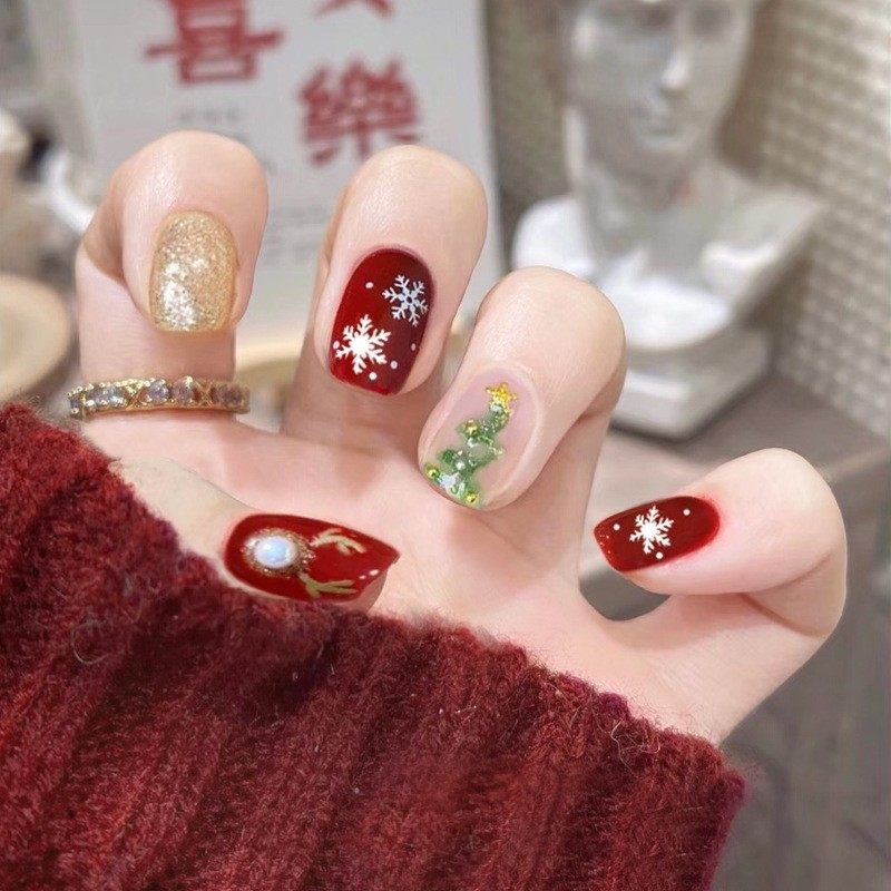 2026年新款儿童美甲穿戴甲圣诞珍珠闪粉麋鹿指甲贴片短款24片甲片,彩妆/香水/美妆工具,美甲工具,淘宝优惠券,粉丝福利购,淘宝优惠卷