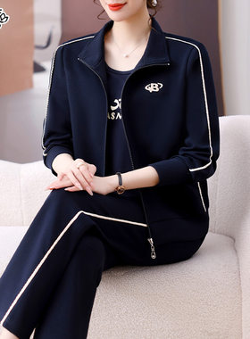 中老年品牌运动套装女士春季新款时尚显瘦外套洋气妈妈春秋三件套