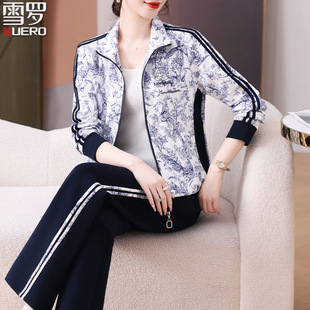 中年妈妈春装印花外套2025新款中老年运动服套装女春秋两件套气质
