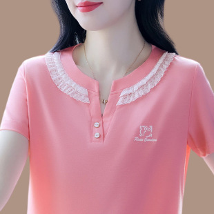 时尚洋气蕾丝拼接短袖T恤女夏季新款短款V领修身显瘦小个子上衣