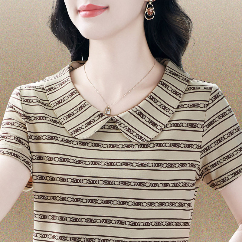 高级感冰丝短袖女夏时尚妈妈t恤翻领印花条纹半袖大码洋气上衣潮