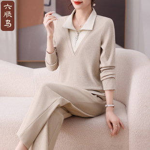 中年妈妈春季休闲运动套装2025新款中老年女春秋贵夫人假两件上衣