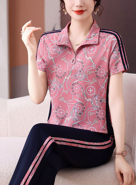 妈妈运动服套装女t恤上衣中老年人妇女透气洋气休闲减龄短袖T夏装