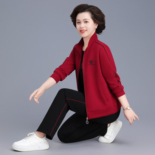 妈妈运动服套装外套女中老年人奶奶洋气休闲上衣春秋装三件套