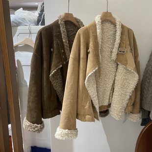 韩国复古麂皮绒机车羊羔毛外套女冬款2025高级感加厚立领皮毛一体