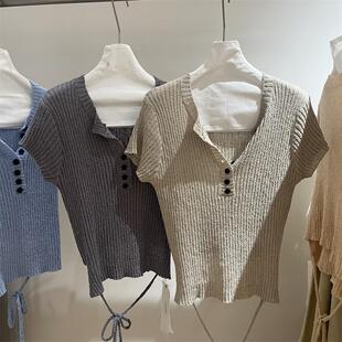 韩国V领冰丝短袖针织衫女2025新款夏季设计感后背绑带薄款上衣女