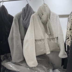 韩系新款冬装设计感90白鸭绒拼接环保水貂毛配围脖皮毛一体外套潮