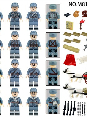 金致M8181八路军集结号拼装小颗粒积木人仔玩具马车拉炮跨境