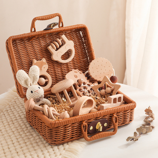 新生婴儿木质玩具摇铃益智抓握可啃咬宝宝百天见面礼满月礼物周岁