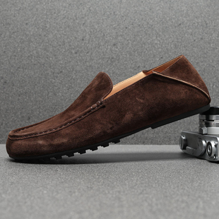 欧洲站男鞋春季2026新款乐福鞋男潮流薄底反绒牛皮勃肯懒人鞋男款