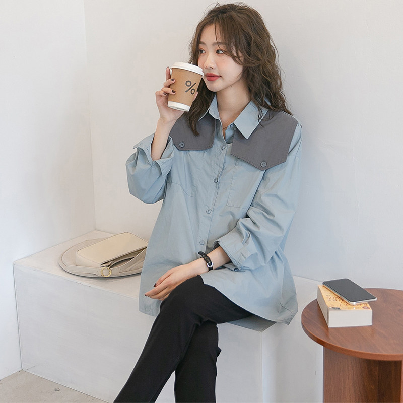출산복 봄 가을 신작 패션 숄 긴팔 셔츠 유행 엄마 외출 전문 통근 셔츠 블루 탑