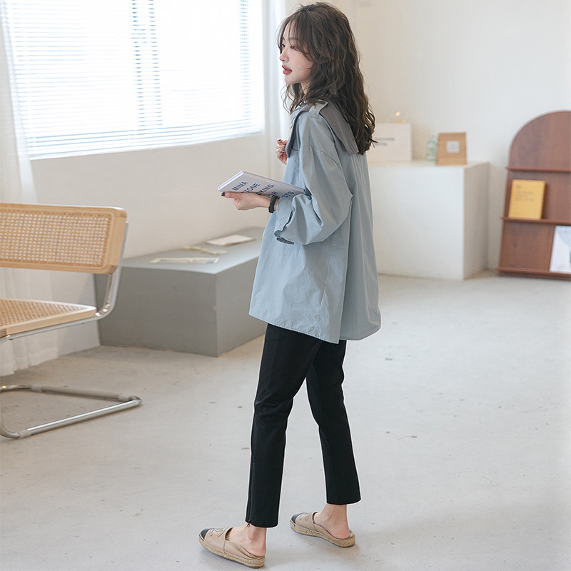 출산복 봄 가을 신작 패션 숄 긴팔 셔츠 유행 엄마 외출 전문 통근 셔츠 블루 탑