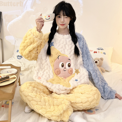 珊瑚绒女秋冬季加厚圆领睡衣