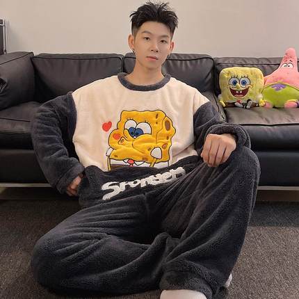 秋冬季男士珊瑚绒睡衣加厚加绒学生青少年可外穿法兰绒家居服套装
