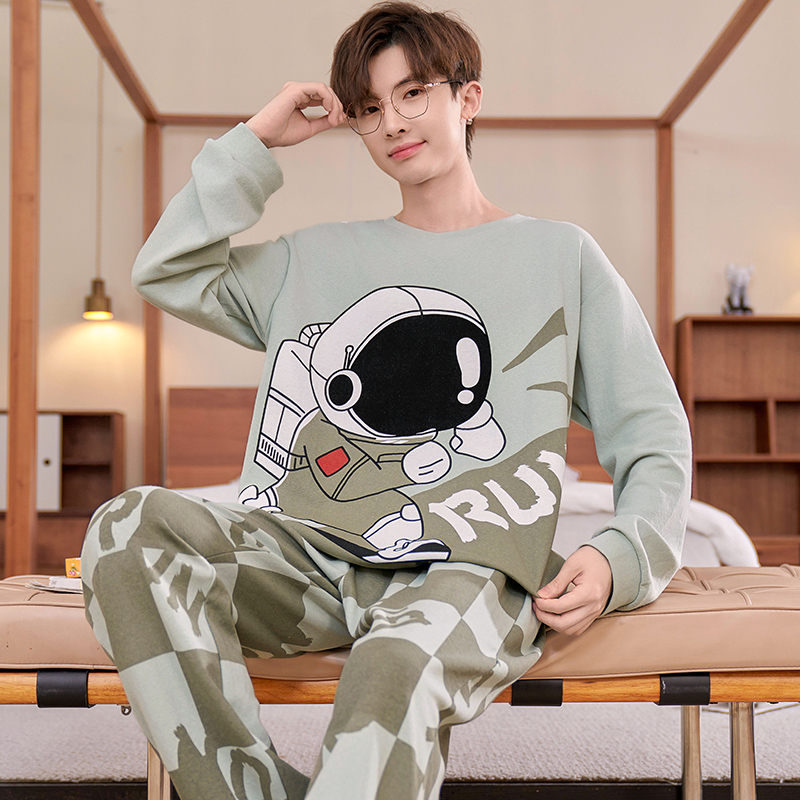 男士睡衣长袖纯棉春秋款宽松青少年学生大码男款秋冬季家居服套装