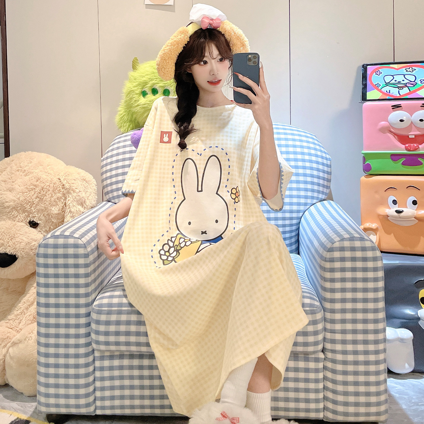 可爱风纯棉卡通睡裙女款夏季短袖兔子印花宽松可外穿家居服连衣裙