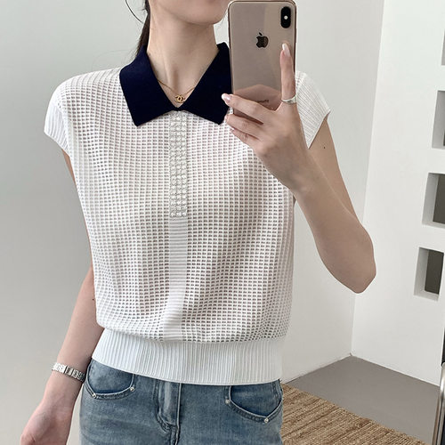 天丝羊毛轻奢华夫格短袖女珠片翻领针织衫微宽松上衣2026夏季新款