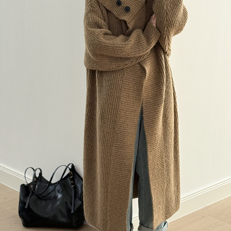冬季大翻领长款慵懒感针织开衫女