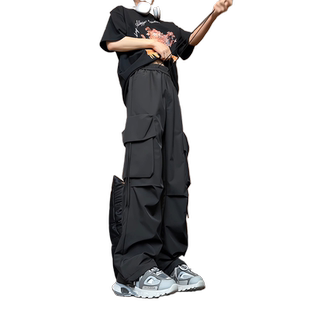 褶皱黑武士伞兵工装裤男款秋季直筒登山冲锋裤美式机能痞帅阔腿裤