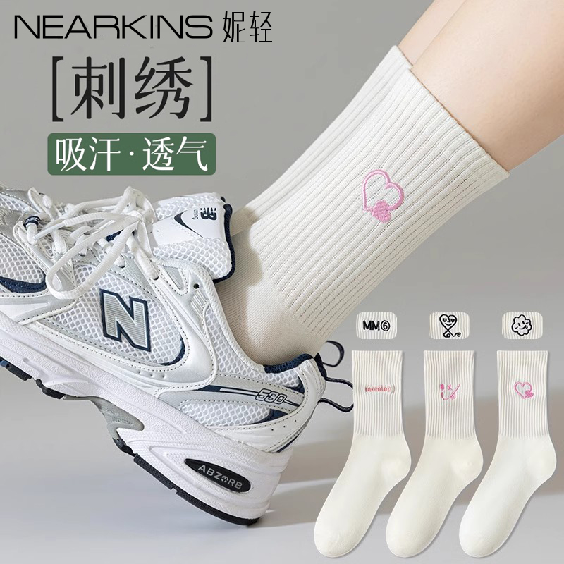 妮轻袜子女春秋中筒袜无骨刺绣款