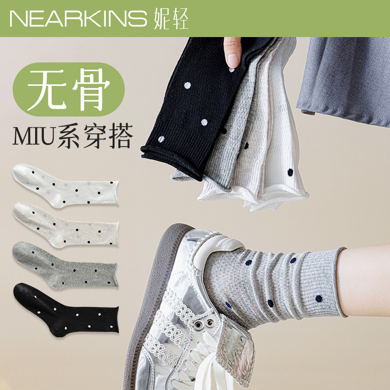 灰色袜子女夏季薄款纯波点堆堆袜棉网眼透气中筒袜ins潮卷边夏天